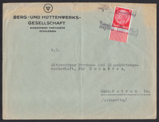 1938 (Oct - Nov) Provisional cancellations without date. Letters posted in TRZYNIETZ (Trinec) to MAHRISCH-OSTRAU and from BRUNN. Temporary label 'TRZYNIETZ' (Upper Silesia) in black or in blue, Occupation of Sudetenland, Germany