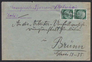 1938 (Oct) Letter posted in SKOTSCHAU to BRUNN. Label in small letters 'Railway station / TESCHEN in BIELA'. Occupation of Sudetenland, Germany