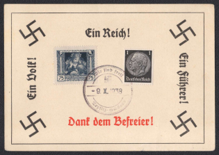 1938 (Oct 9) Souvenir card of the liberation of TEPLITZ-SCHONAU. Postage mixed German-Czech and special stamp, Occupation of Sudetenland, Germany