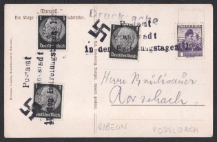 1938 Old postcard from the beginning of the century: The Zeppelin LZ-1 flying over the Bodensee and its floating shelter. Local postmark of FRANZSTADT. Addressed to RONDEBACH. Occupation of Sudetenland, Germany