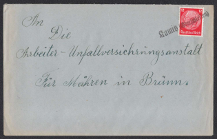 1938 (Oct to Nov) Provisional cancellations without date. Letter posted in KAMITZ (Kamice) to BRUNN. Temporary label 'KAMITZ (Upper Silesia)'. Occupation of Sudetenland, Germany