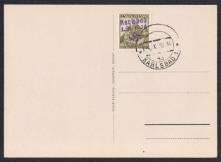 Postcard sent on October 4, 1938 with postmark from KARLSBAD. Occupation of Sudetenland, Germany