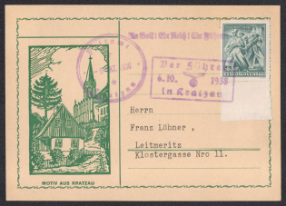 1938 (Oct 6) Postcard with special postmark from KRATZAU (Chrastava). Commemoration of the passage of the Fuhrer in this locality during his trip to the Sudetenland. Occupation of Sudetenland, Germany