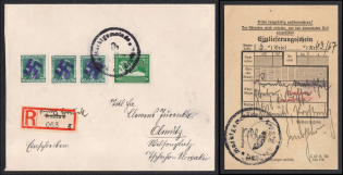 1938 (Oct) Registered letter, with its recommendation sheet, posted at MARKTGEMEINDE bound for OIMUTZ. Thumbnail of recommendation from BRESLAU with handwritten letter from the postman. Occupation of Sudetenland, Germany