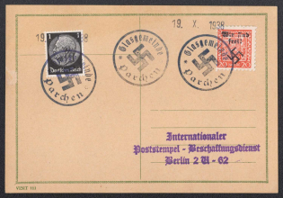 1938 (Oct 19) Postcard with mixed postage. Temporary round postmark PARCHEN without date. Addressed to BERLIN. Occupation of Sudetenland, Germany