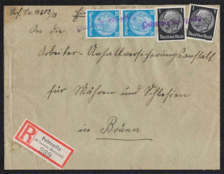 1938 (Oct to Dec) Registered letter with small label from PETROWITZ (Petrovice). Occupation of Sudetenland, Germany