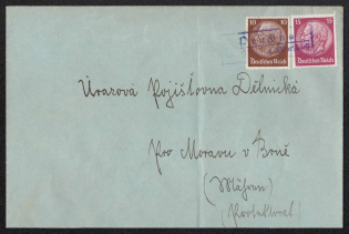 Letter mailed to PRUCHNA (Prochna). Small framed postmark. Occupation of Sudetenland, Germany