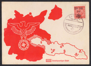 Postcard with czech stamp with local overprint from REICHENBERG-MAFFERSDORF and special cancellation of REICHENAU BEI GABLONZ. Occupation of Sudetenland, Germany