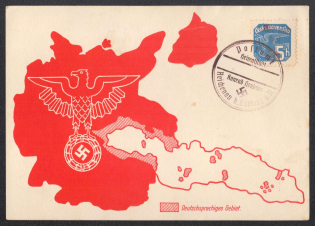 Postcard with czech stamp with local overprint from REICHENBERG-MAFFERSDORF and special cancellation of REICHENAU BEI GABLONZ. Occupation of Sudetenland, Germany