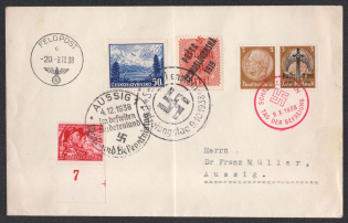1938 (Oct 9) Philatelic letter with cancellation of release of SCHREKENSTEIN. Feldpost postmark of the same day and postmark of December 4 AUSSIG on the day of the plebiscite. Occupation of Sudetenland, Germany