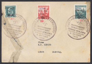 1938 (08 Oct) Stamps with REICHENBERG Overprints. Cover front with MAFFERSDORF Postmark. Occupation of Sudetenland, Germany
