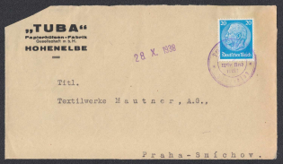 1938 (28 Oct) Cover front with provisional round postmark without date from HOHENELBE (Vrchlabi) addressed to PRAGUE. Occupation of Sudetenland, Germany