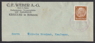 1938 (20 Oct) Cover front with round provisional postmark from KRATZAU (Chrastava). Occupation of Sudetenland, Germany