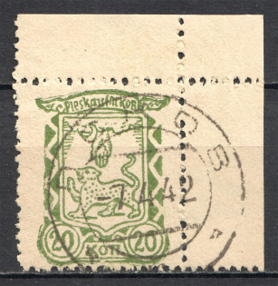 1942 Pskov Reich Occupation Corner stamp 20 Kop (Cancelled)