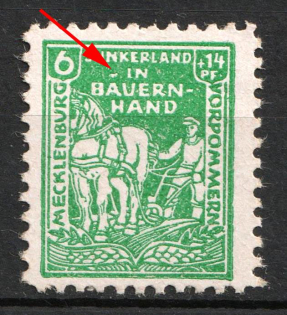 1945 6pf Mecklenburg-Vorpommern, Soviet Russian Zone of Occupation, Germany (Mi. 23 XIV, Oblique Line above 'A' in 'BAUERNHAND', CV $60)