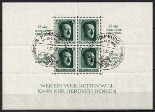 1937 Third Reich, Germany, Souvenir Sheet (Mi. Bl. 9, Special Cancellation HAMBURG, CV $120)