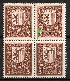 1946 3pf West Saxony, Soviet Russian Zone of Occupation, Germany, Block of Four (Mi.150 Y I, 'D' in 'DEUTSCHE' Nicked Below)
