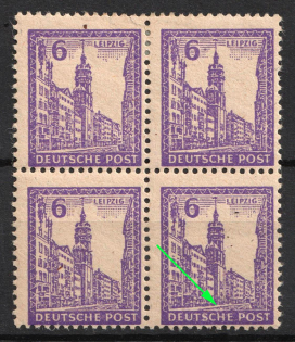 1946 6pf West Saxony, Soviet Russian Zone of Occupation, Germany, Block of Four (Mi.159 II, Two White Spot Over 'CH' in 'DEUTSCHE')