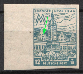1946 12pf West Saxony, Soviet Russian Zone of Occupation, Germany (Mi.163 B V, Stain under Seconds Left Windows, Margin)