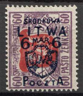 1920 Central Lithuania 6 M (CV $60, Signed)