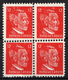 12pf United States US Anti-Germany Propaganda, Hitler-Skull, Private Issue Propaganda Forgery, Block of Four