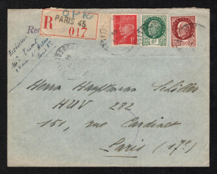 1944 France, German Occupation of France, Recommended Registered Cover from Paris to Captain of HUV 282 (Army Accommodation Administration)