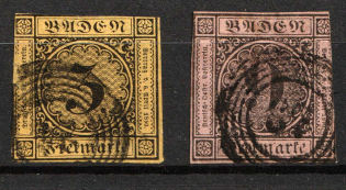 1851-52 Baden, Germany (Mi. 2, 4, Canceled, CV $70)