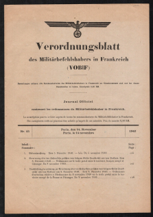 1940 (14 Nov) Bulletin of Regulations of the Military Commander in France, Third Reich, Germany, German Occupation of France