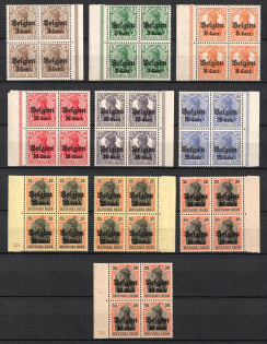 1916-18 Belgium, German Occupation, Germany, Blocks of Four (Mi. 11 - 14, 16 - 19, Margins, CV $140, MNH)