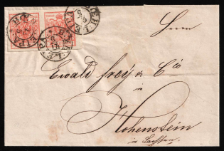 1854 (27 May) Austria-Hungary, Cover from Ceska Lipa (Leipa) to Bodenbach franked with 3kr Pair