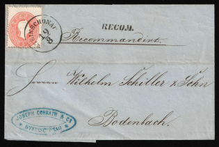 1861 (19 Aug) Austria-Hungary, Registered cover from Kamenicky Senov (Steinschonau) to Bodenbach franked 5kr and 10kr on backside (Wax Seal)
