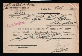 1920 (9 Aug) Deutsches Reich, Germany, Reconnaissance Battalion, Military Post, Postcard from Giessen