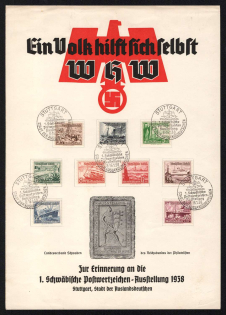 1938 (8-16 Jan) Exhibition of Postage Stamps in Stuttgart, Third Reich, Germany, Swastika, Souvenir Sheet (Mi. 651 - 659, Full Set, Commemorative Cancelation)