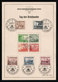1938 (9 Jan) Stamp Day in Berlin, Third Reich, Germany, Swastika, Souvenir Sheet (Mi. 651 - 659, Full Set, Commemorative Cancelation)