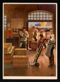 1939 (9 Jun) German State Railroad, Unloading of Express Cargo, Third Reich, Germany, Postcard (Special Cancellation)