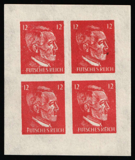 12pf Anti-German Propaganda, Hitler-Skull, 'Futsches Reich', American Forgery of Hitler Issue, Block of Four (Mi. 17 Fa, Propaganda Forgery, Red, MNH)