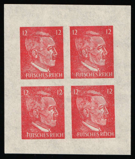 12pf Anti-German Propaganda, Hitler-Skull, 'Futsches Reich', American Forgery of Hitler Issue, Block of Four (Mi. 17 Fa, Propaganda Forgery, Rose, MNH)