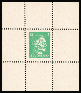 12pf Anti-German Propaganda, Hitler-Skull, 'Futsches Reich', American Private Issue Propaganda Forgery of Hitler Issue, Miniature Sheet (Mi. 17 Fa, Blue Green, Perforated, MNH)