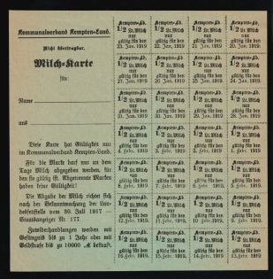 1919 Municipal Association of 'Kempten-Land', Milk Card, Nazi Germany