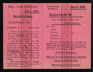 1919 Registration Office 'Kempten', Sugar Card, Nazi Germany
