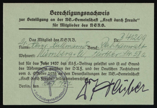 1935 Proof of Entitlement to Participate in the NS Community 'Strength Through Joy', German Reich, Nazi Germany