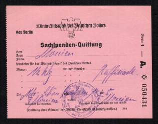 1938 Berlin, Numbered Receipt Donation From 'WHW', Swastika, Nazi Germany