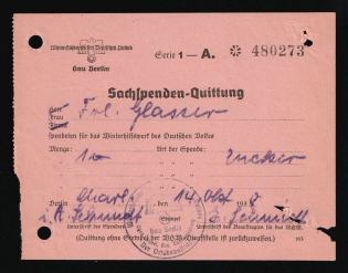 1938 Berlin, Numbered Receipt Donation From 'WHW', Swastika, Nazi Germany