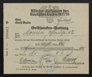 1936 Berlin, Numbered Receipt Donation From 'WHW', Swastika, Nazi Germany