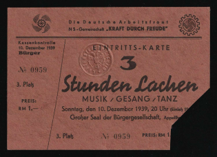 1939 'Three Hours of Laughter', Entry Card, Swastika, Nazi Germany