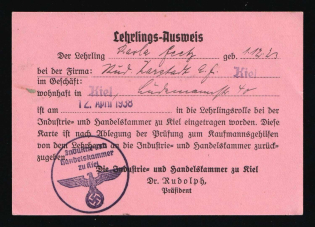 1938 Kiel, Identity Card of Apprentice, Nazi Germany