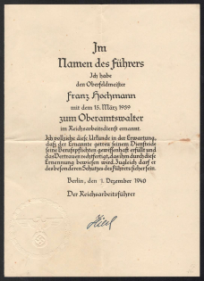 1940 Certificate of Appointment as an Official, Nazi Germany