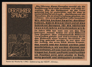 1942 NSDAP Nazi Rare Propaganda, 'The Conduct of This Struggle, as Well as the Execution, Will Not Tire and Will Not Weary...', Slogan of The Week, Germany