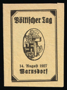 1927 Germany, Nazi Rare Early Propaganda Label, Weimar, Bohemia, Warnsdorf 'People's Day' ('Voelkischer Tag')