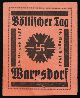 1927 Germany, Nazi Rare Early Propaganda Label, Weimar, Bohemia, Warnsdorf 'People's Day' ('Voelkischer Tag')